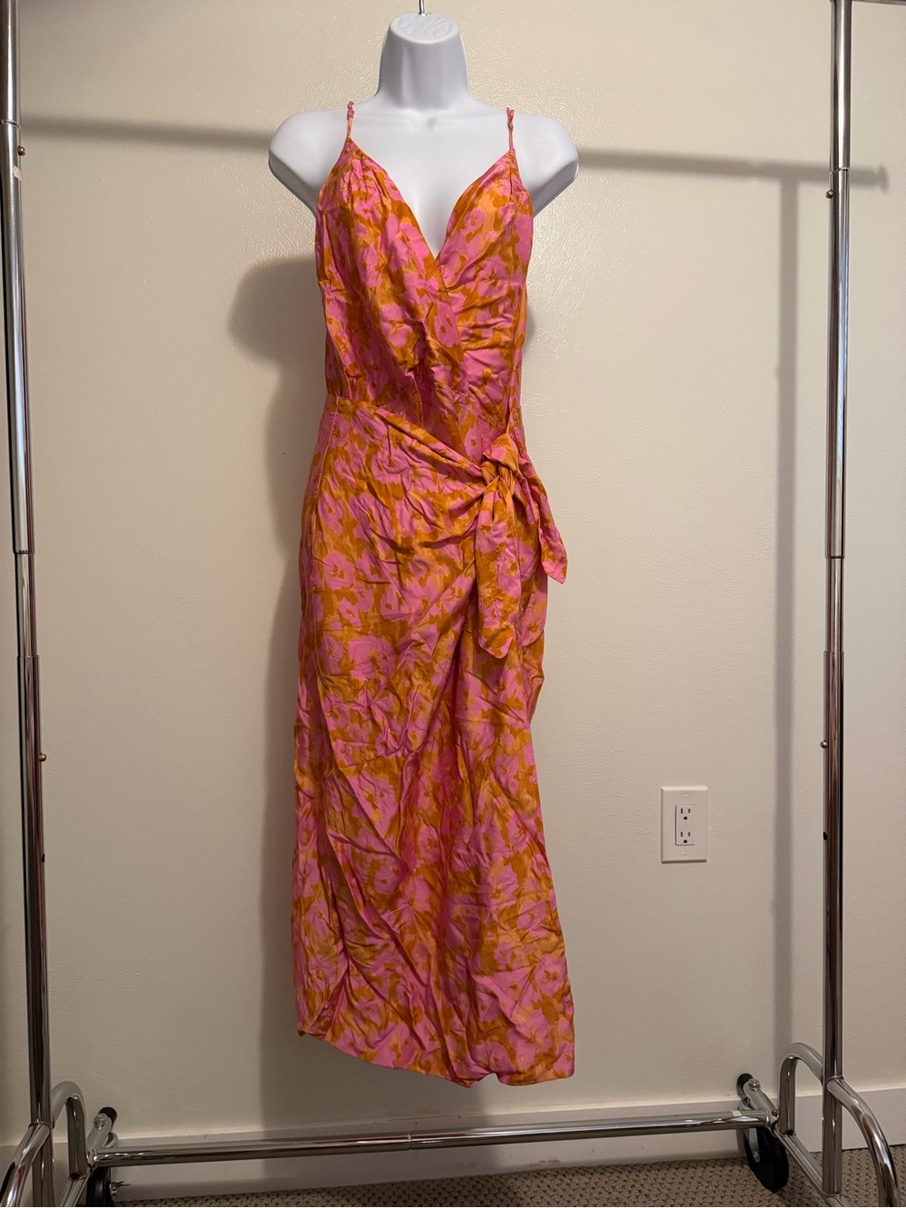 Spaghetti-Strap Wrap Midi High Low Dress in Pink and Orange Floral